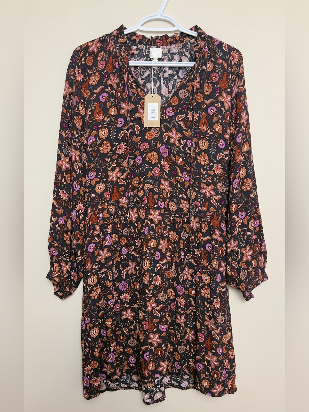 Des Petits Hauts Black Floral Long-Sleeve Tiered Dress size 0 or XS